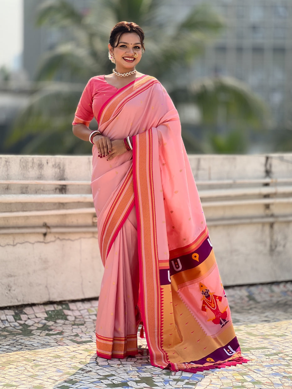 Pink Pure Rakhumai Silk Vitthala Paithani Soft Silk Saree