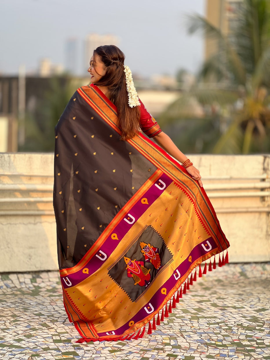 Black Pure Rakhumai Silk Vitthala Paithani Soft Silk Saree