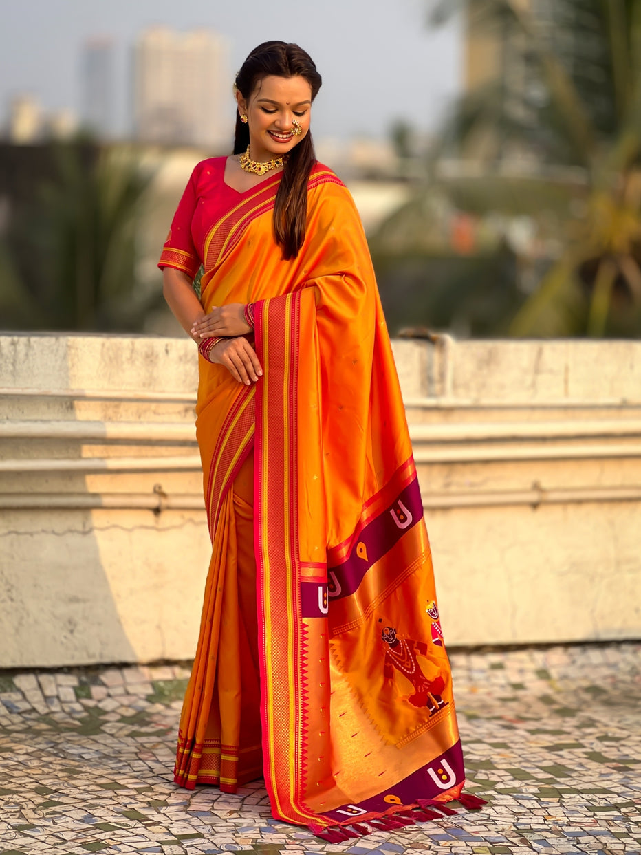 Orange Pure Rakhumai Silk Vitthala Paithani Soft Silk Saree