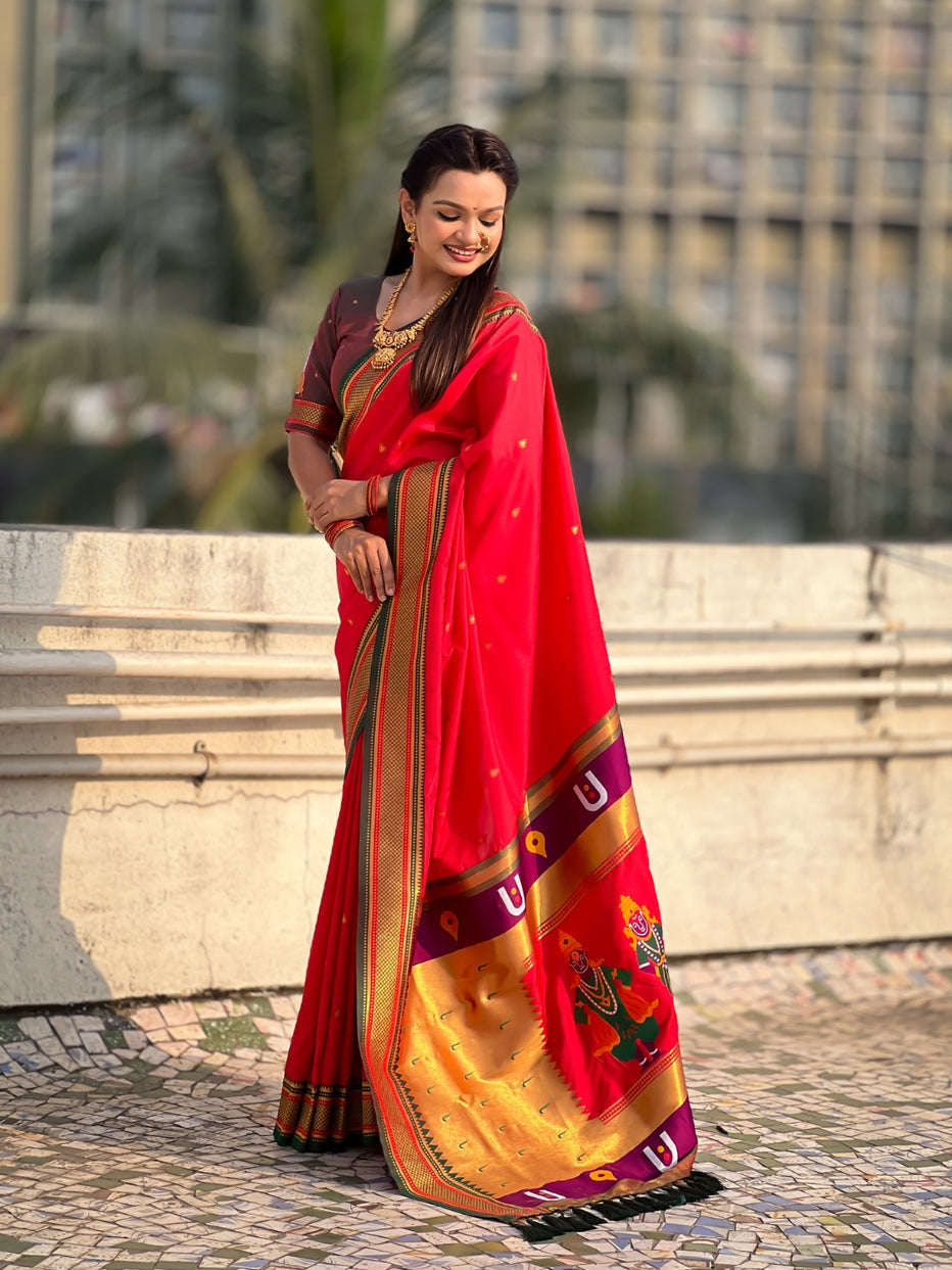 Red Pure Rakhumai Silk Vitthala Paithani Soft Silk Saree
