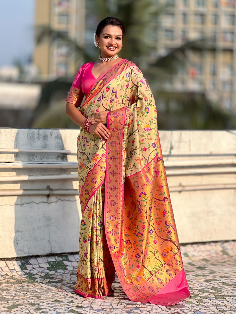 Cream Pure Premium Tissue Silk Meenakari Pallu Jaal Zari Tissue Saree