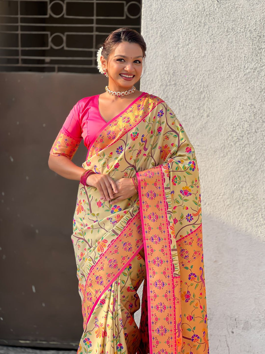 Cream Pure Premium Tissue Silk Meenakari Pallu Jaal Zari Tissue Saree