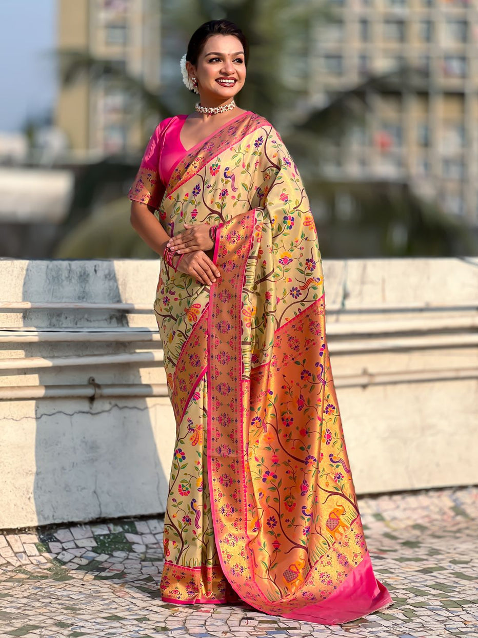 Cream Pure Premium Tissue Silk Meenakari Pallu Jaal Zari Tissue Saree