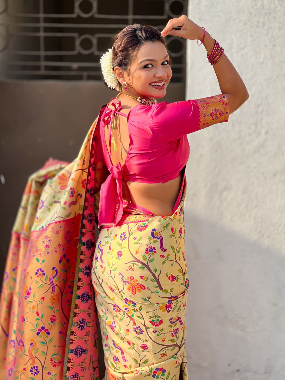 Cream Pure Premium Tissue Silk Meenakari Pallu Jaal Zari Tissue Saree