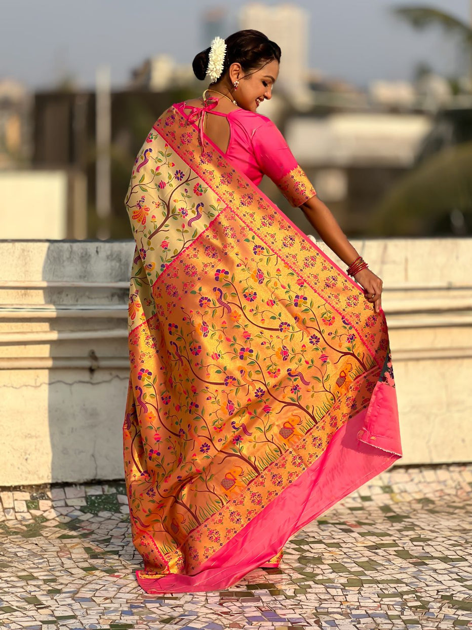 Cream Pure Premium Tissue Silk Meenakari Pallu Jaal Zari Tissue Saree