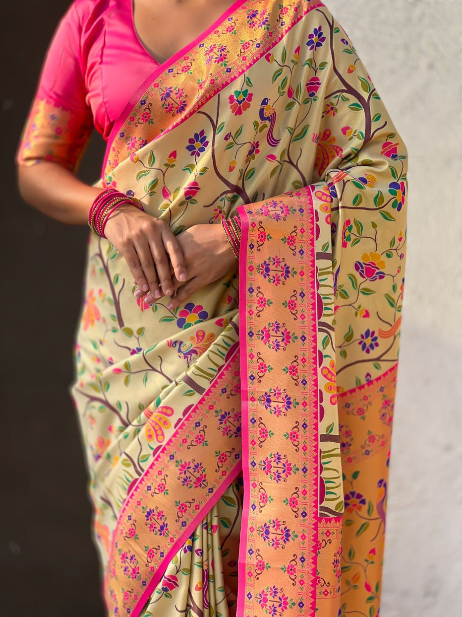 Cream Pure Premium Tissue Silk Meenakari Pallu Jaal Zari Tissue Saree