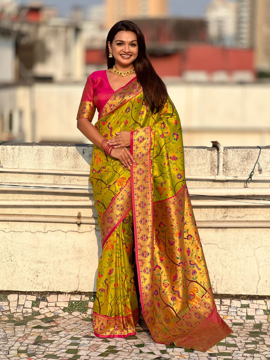 Mehendi Pure Premium Tissue Silk Meenakari Pallu Jaal Zari Tissue Saree
