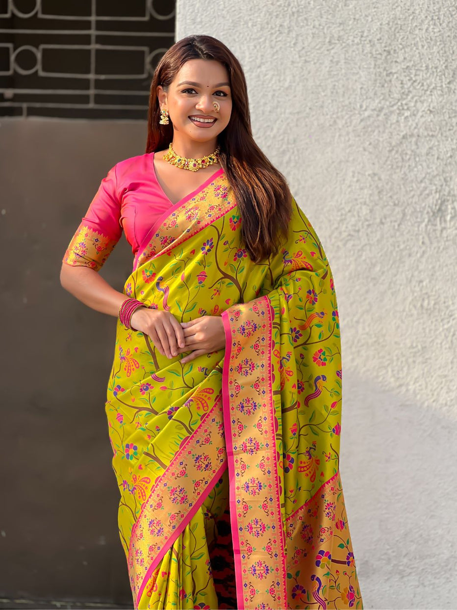 Mehendi Pure Premium Tissue Silk Meenakari Pallu Jaal Zari Tissue Saree