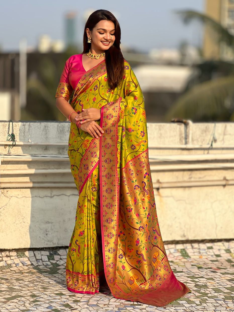 Mehendi Pure Premium Tissue Silk Meenakari Pallu Jaal Zari Tissue Saree