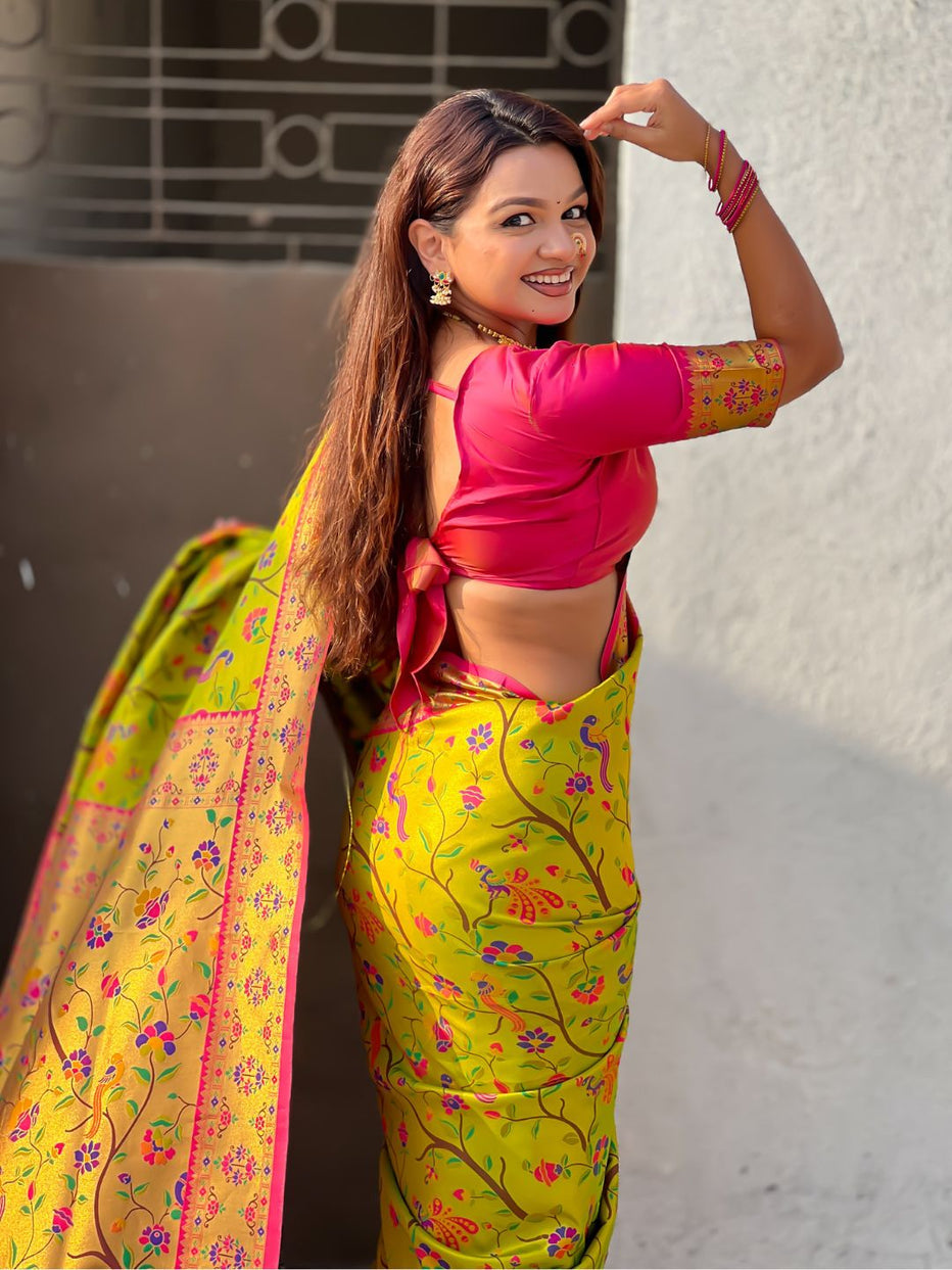 Mehendi Pure Premium Tissue Silk Meenakari Pallu Jaal Zari Tissue Saree