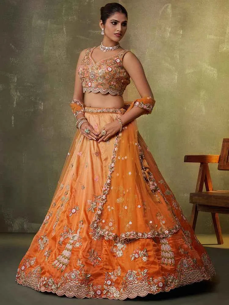 Orange Tissue Silk Lehenga Choli with Sequins, Moti & Thread Embroidery