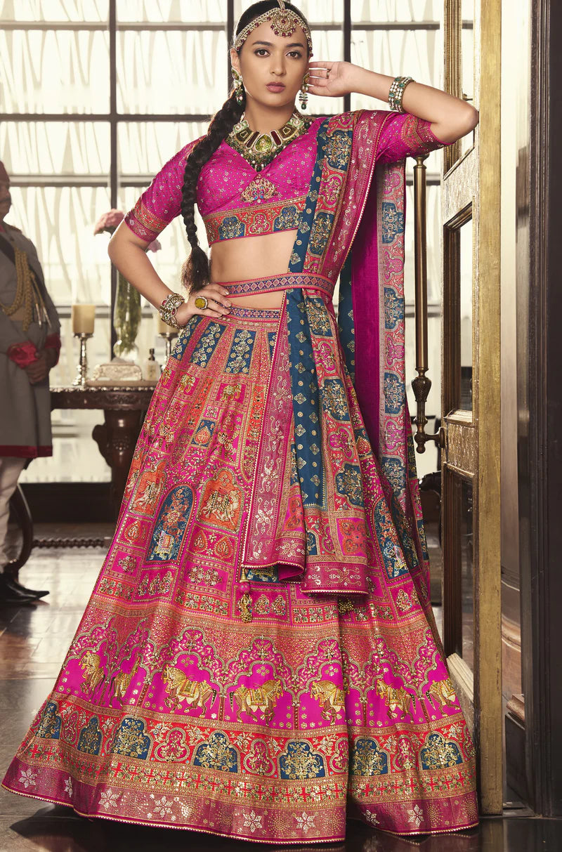 Pink Multicolor Banarasi Silk Lehenga Choli with Weaving Work