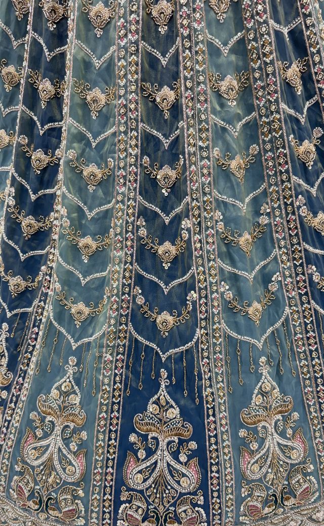 Teal Blue Pure Chandnia Silk Handwork Motif Peacock Pattern Crystal Beads Multi Thread Dori and Sequins Work Bridal Lehenga Choli
