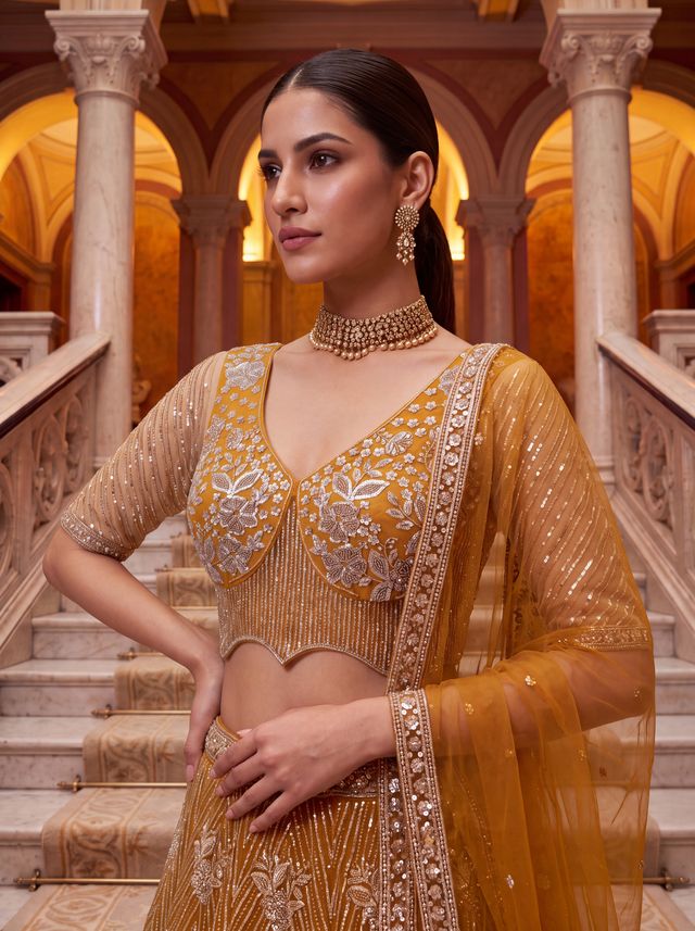 Yellow Pure Heavy Net Motif Handwork Zari Sequins Work Bridal Lehenga Choli