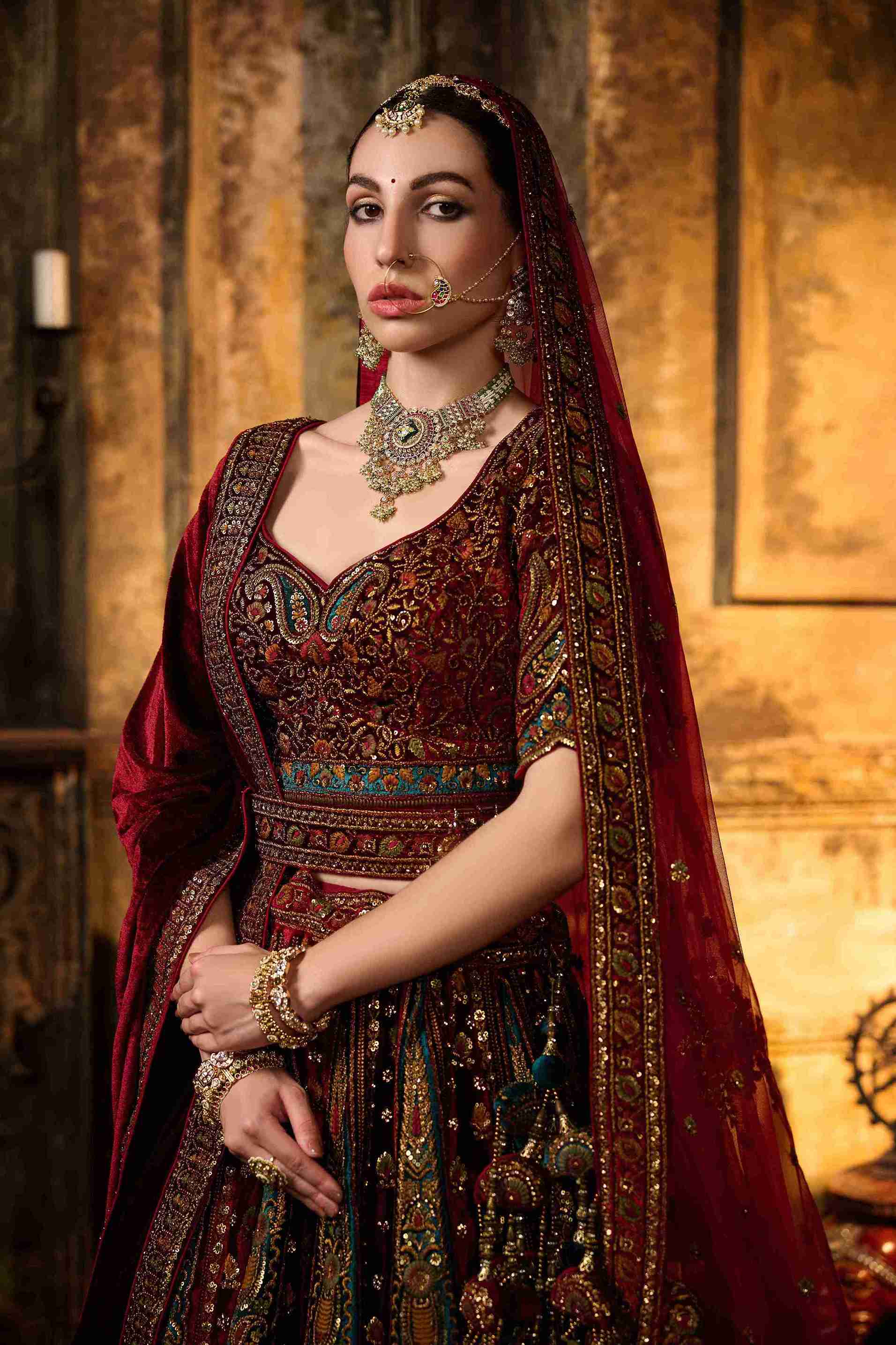 Maroon Embroidered Bridal Lehenga with Heavy Zari & Paisley Work