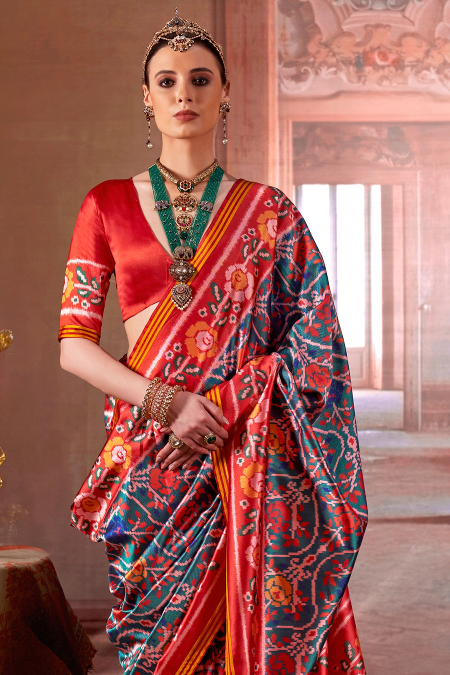 Red & Teal Pure P.V Silk Printed Patan Patola Silk Saree