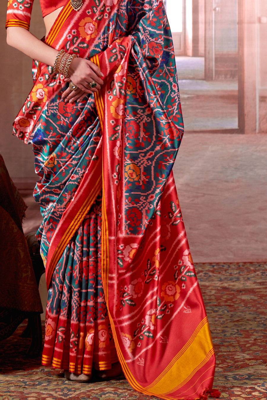Red & Teal Pure P.V Silk Printed Patan Patola Silk Saree