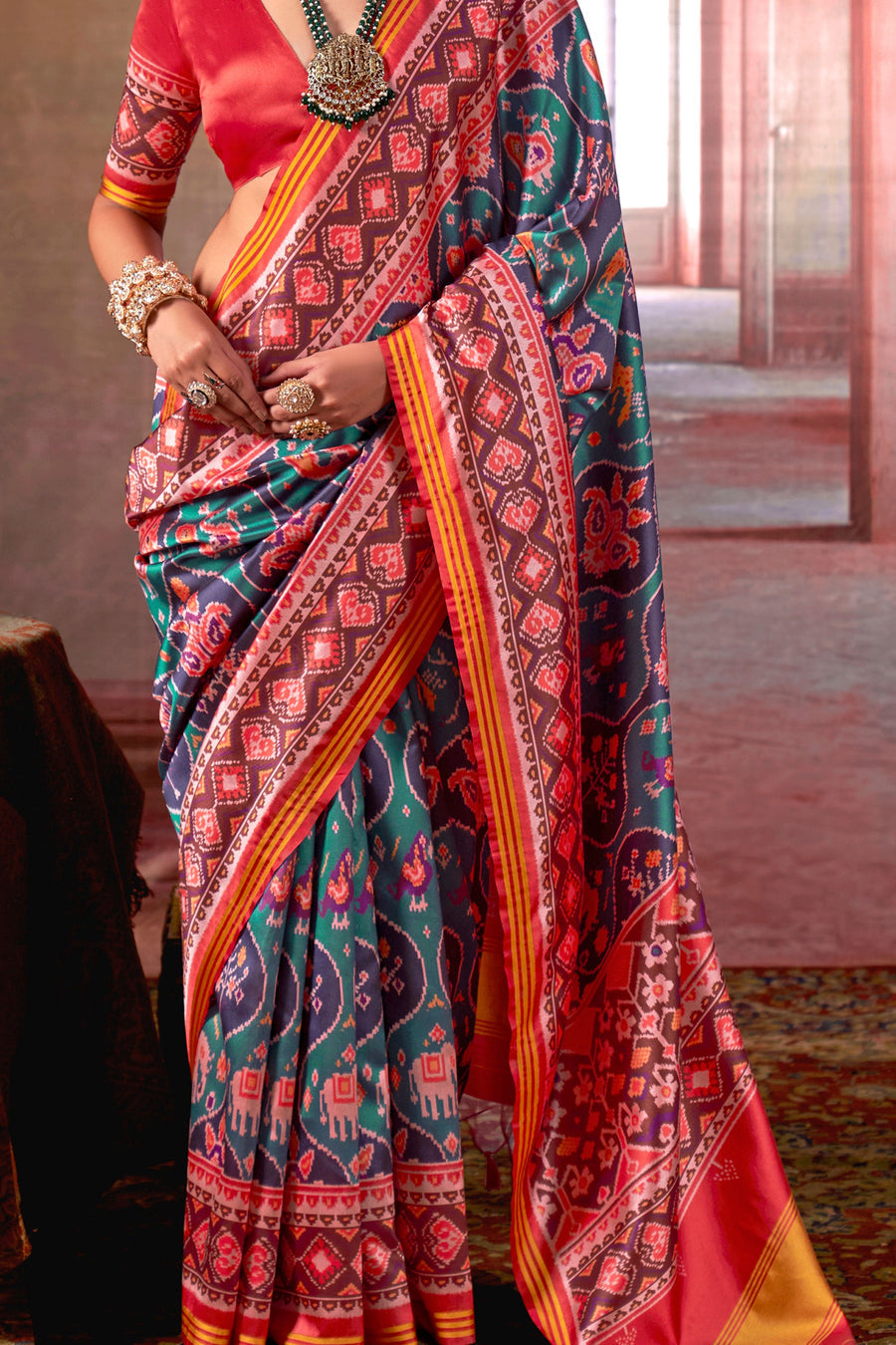 Red & Grey Pure P.V Silk Printed Patan Patola Silk Saree