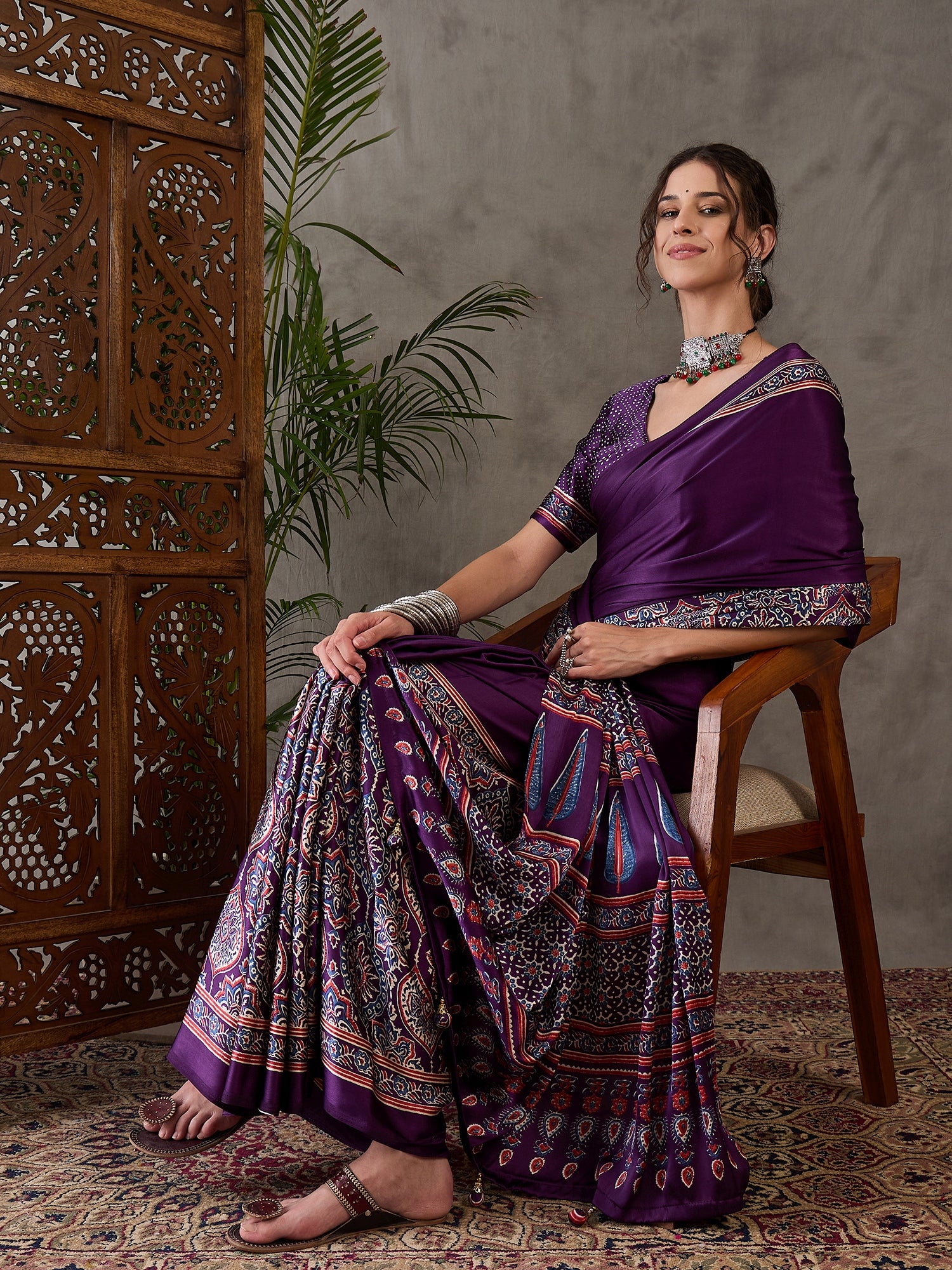 Purple Pure Semi Modal Silk Floral Printed Saree