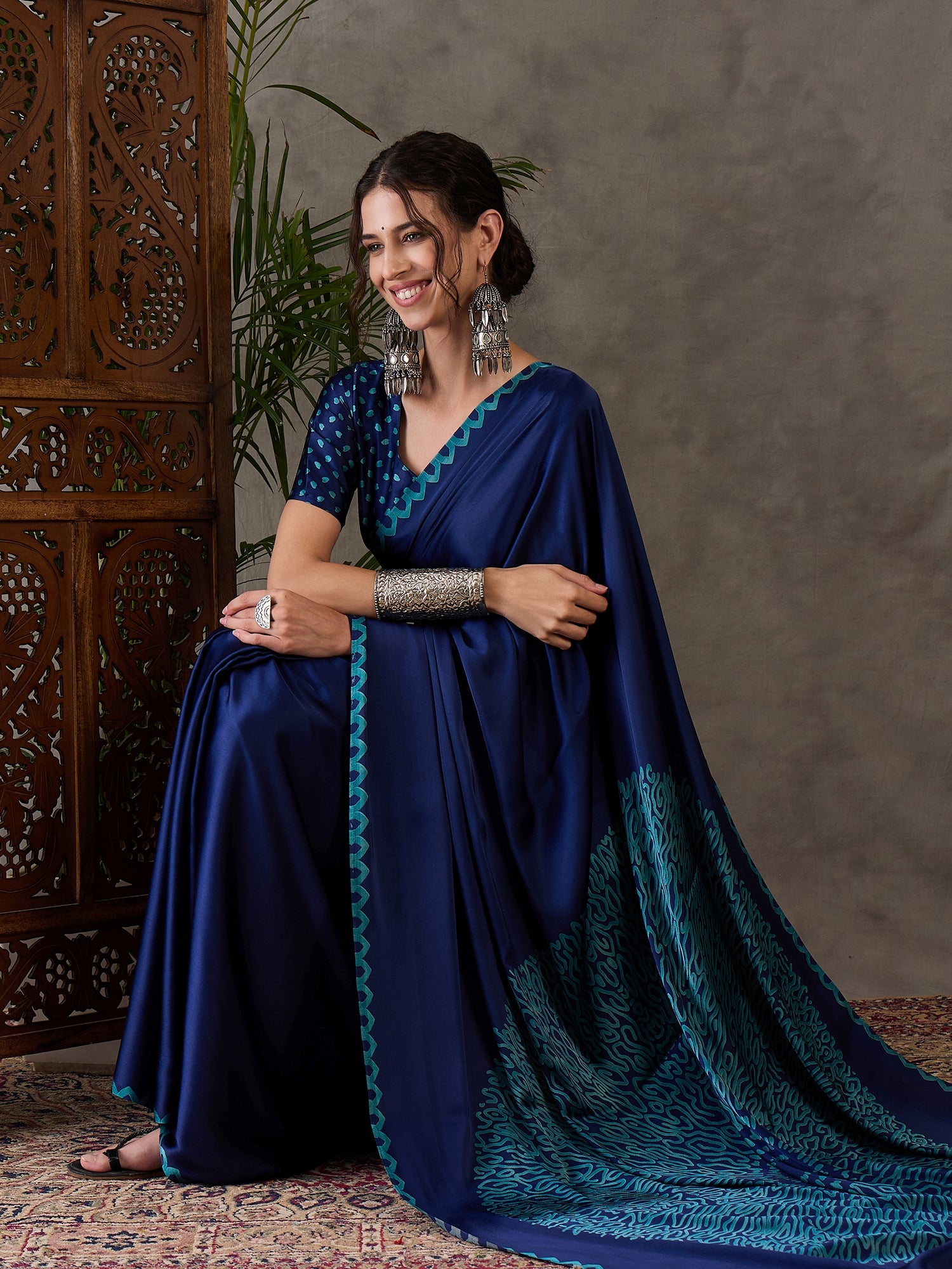 Blue Pure Semi Modal Japan Silk Ajarkh Printed Saree