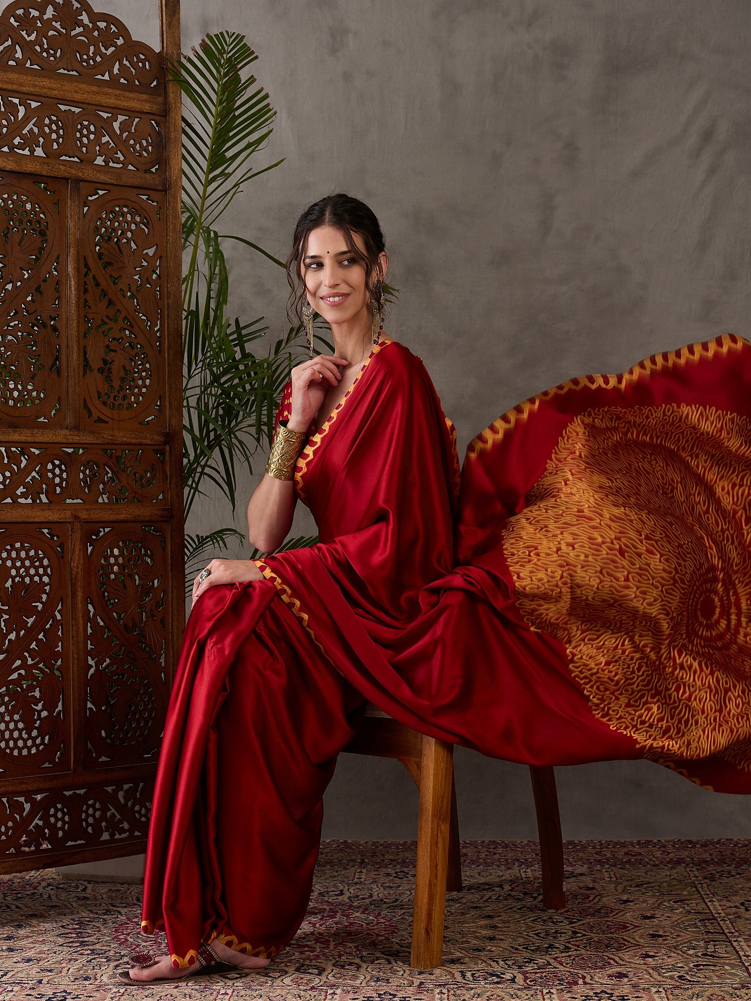 Red Pure Semi Modal Japan Silk Ajarkh Printed Saree