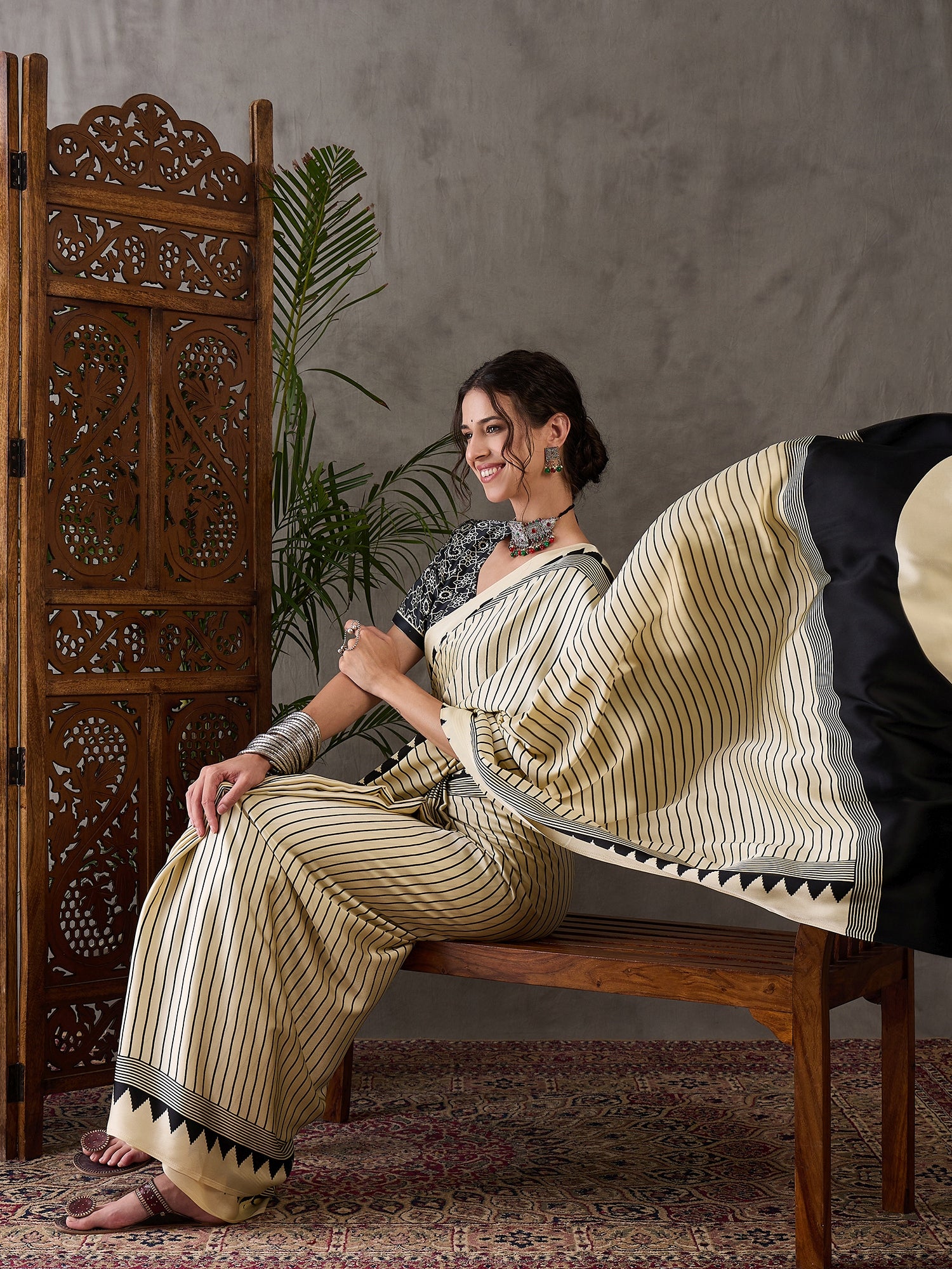 Cream Pure Semi Modal Silk Ajarkh Printed Saree