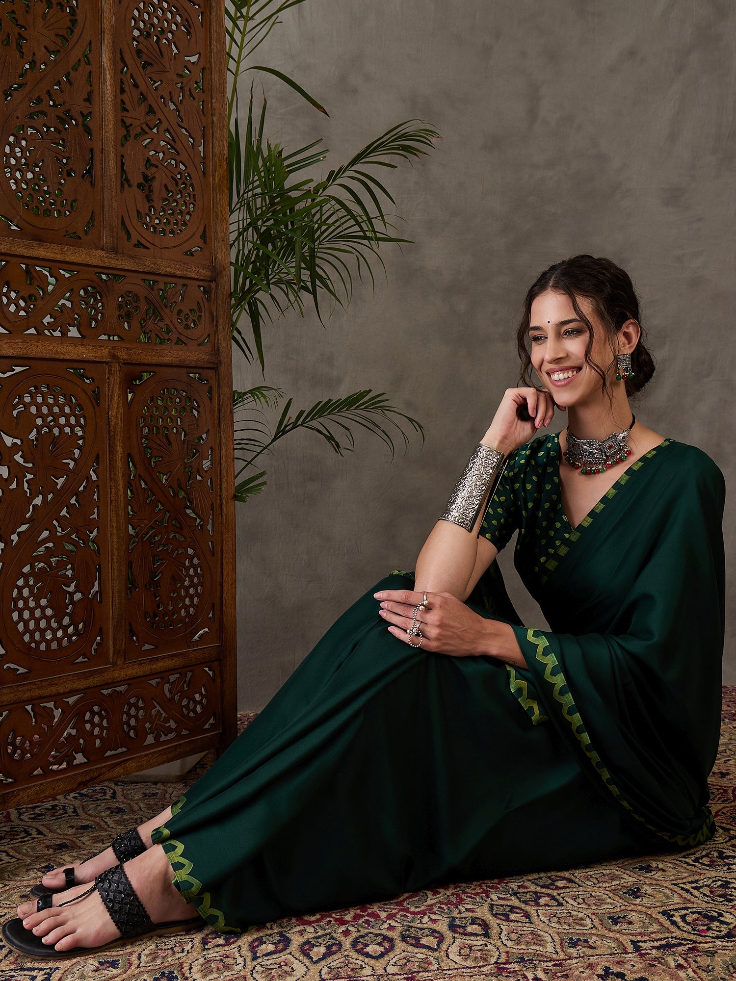 Green Pure Semi Modal Japan Silk Ajarkh Printed Saree