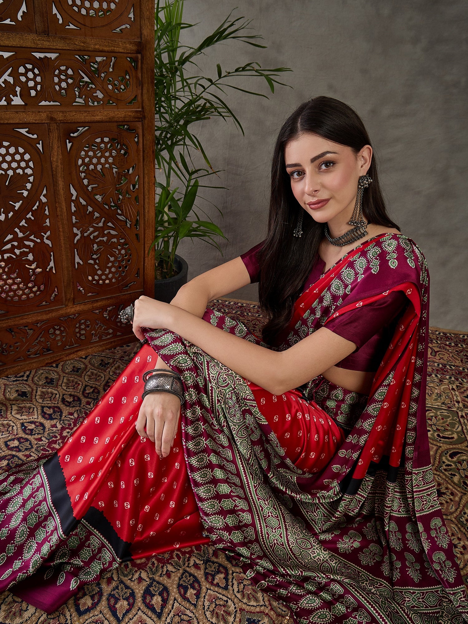 Red Pure Semi Modal Silk Ajarkh Printed Saree