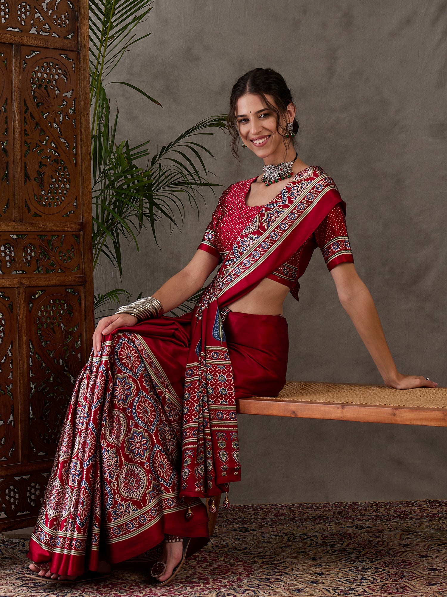 Red Pure Semi Modal Silk Floral Printed Saree