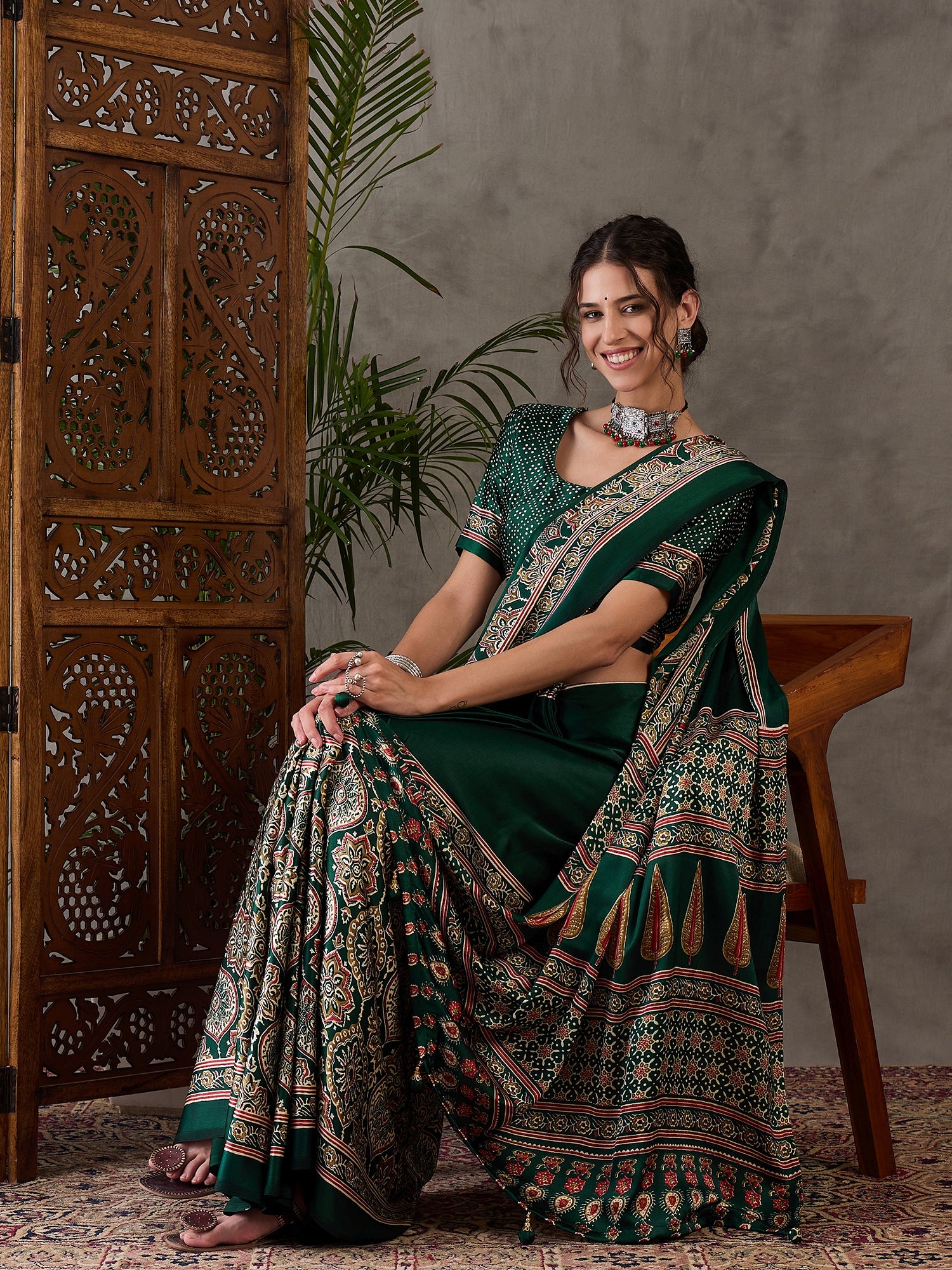 Green Pure Semi Modal Silk Floral Printed Saree