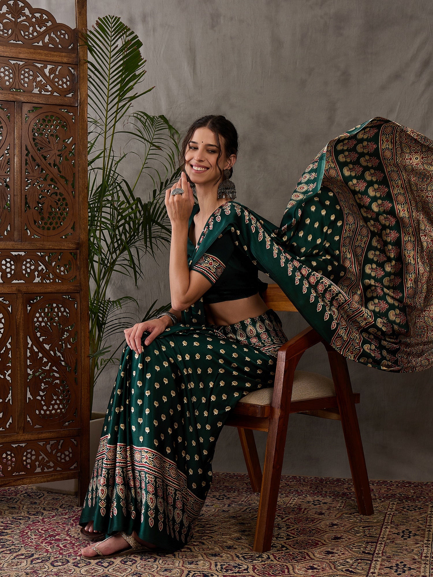 Green Pure Semi Modal Silk Floral Printed Saree