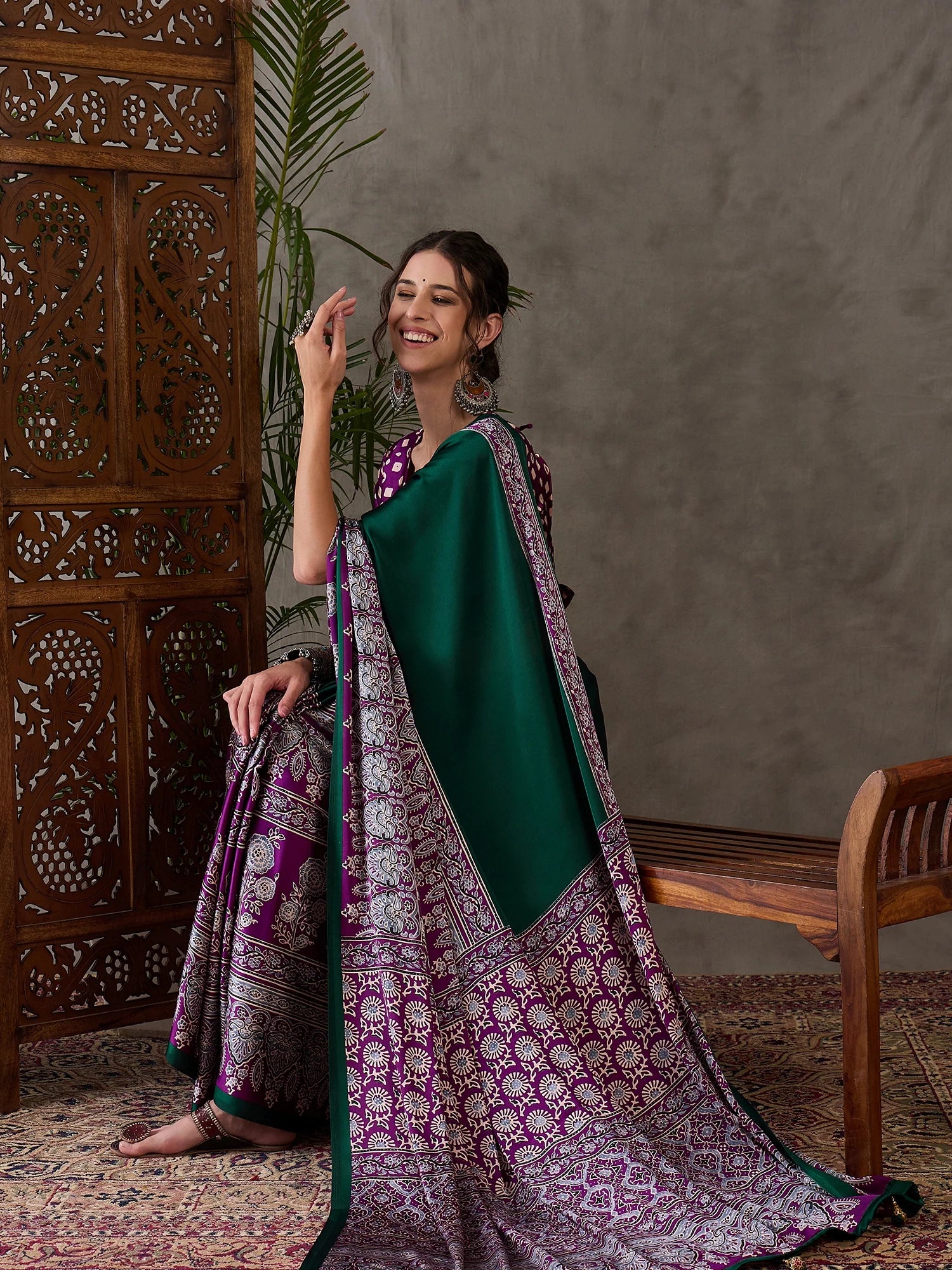 Emerald Green Semi Modal Traditional Printed Saree with Purple Border