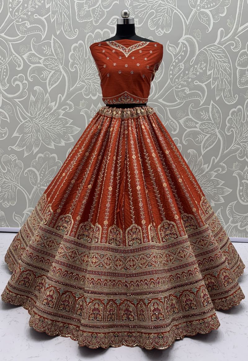 Orange Pure Soft Gadhwal Silk Heavy Embroidery Work Bridal Lehenga