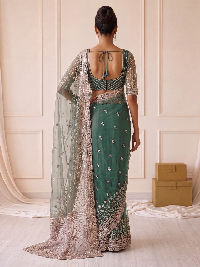 Green Pure Premium Net Handwork Kasti & Motif Zari Metallic Sequins Work Wedding Saree