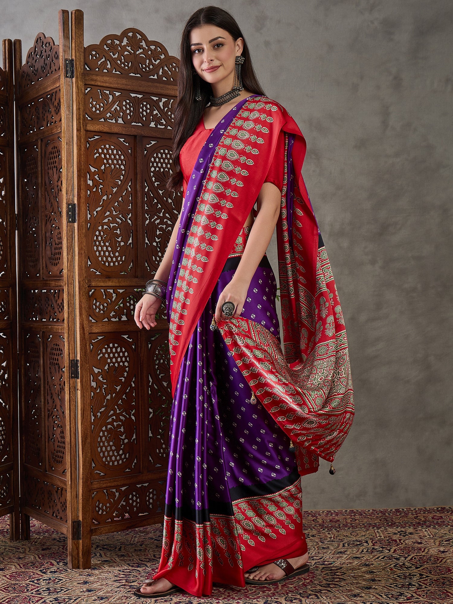 Purple Pure Semi Modal Silk Ajarkh Printed Saree