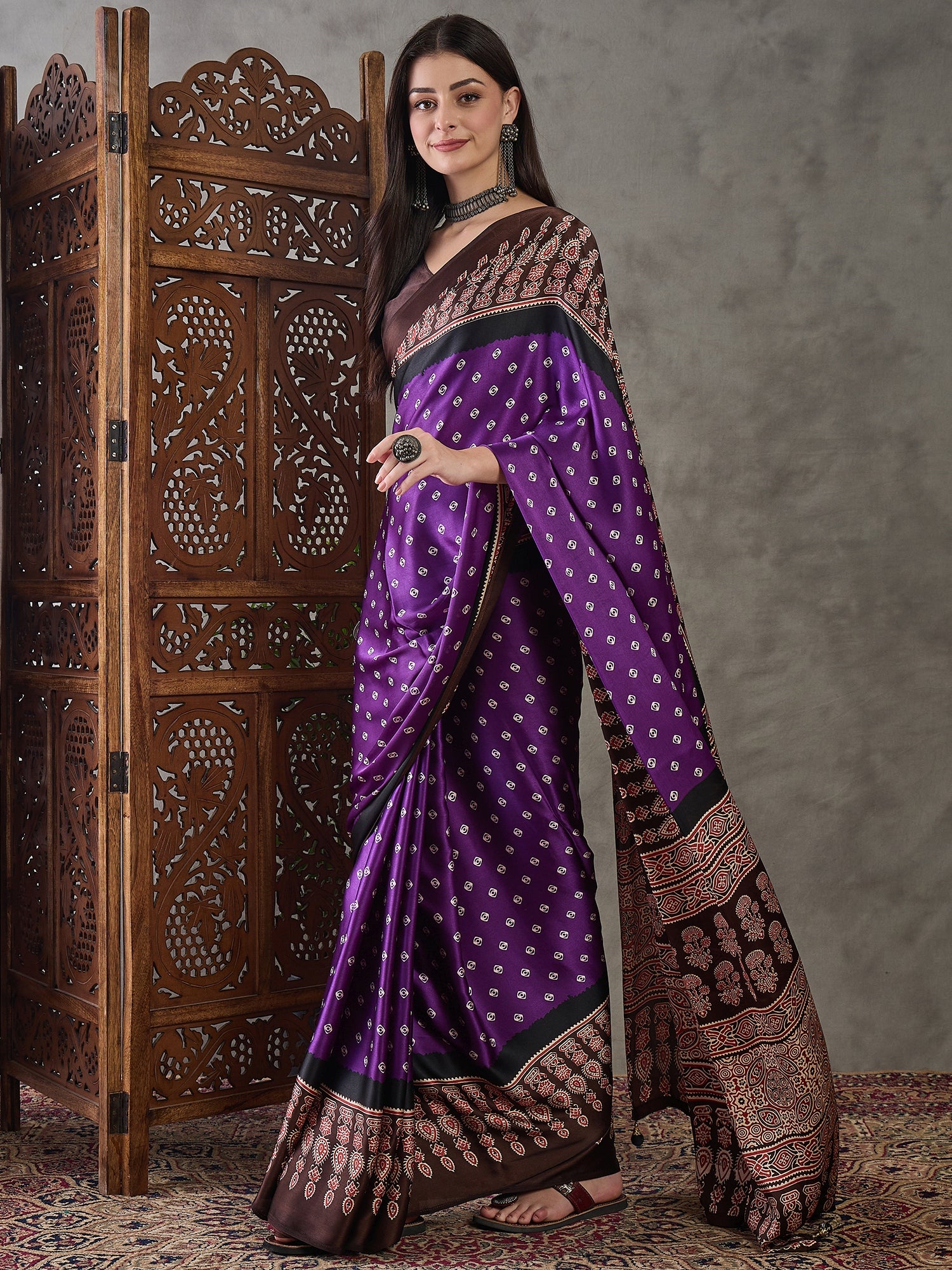 Violet Pure Semi Modal Silk Ajarkh Printed Saree