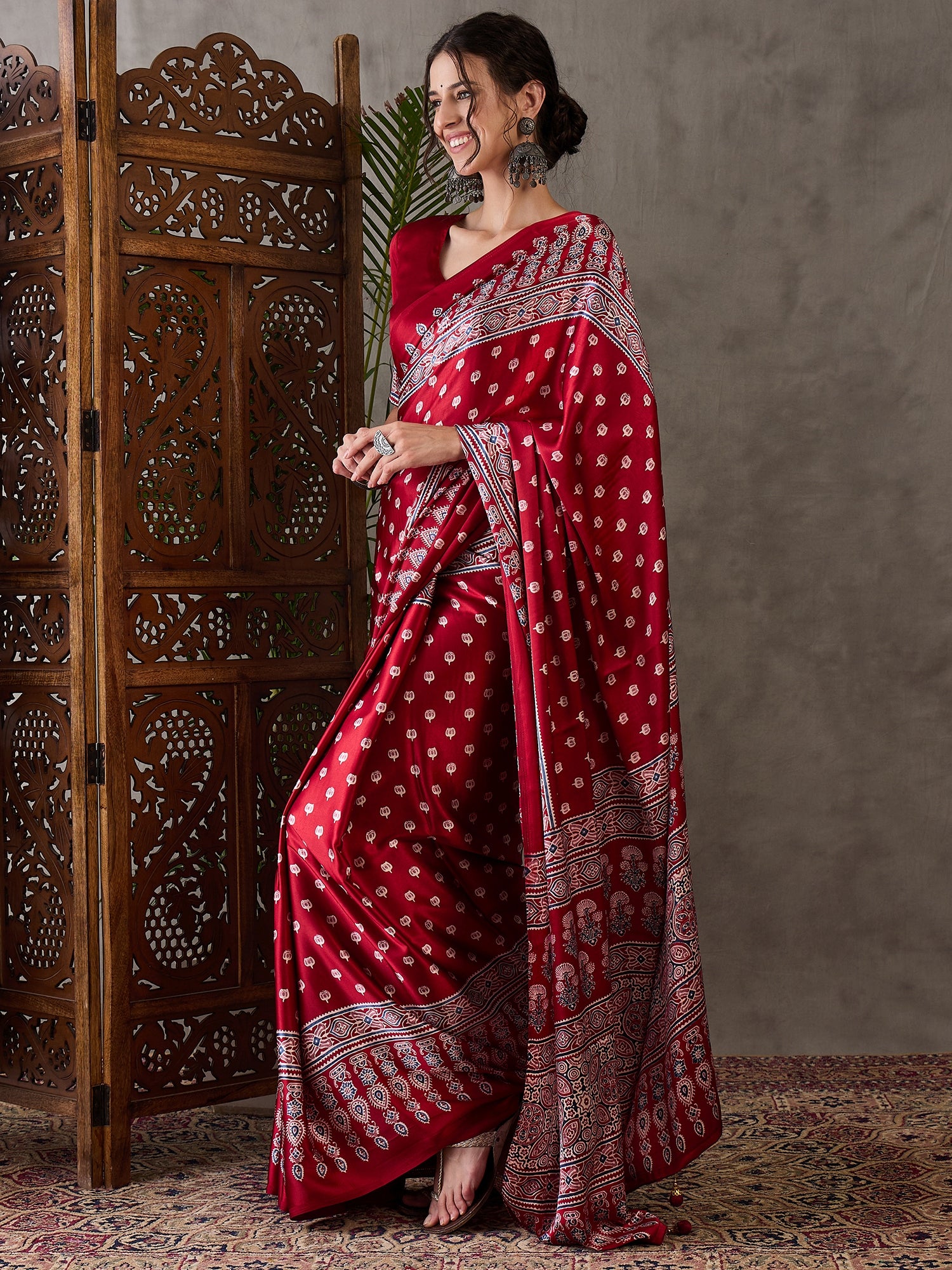 Red Pure Semi Modal Silk Floral Printed Saree