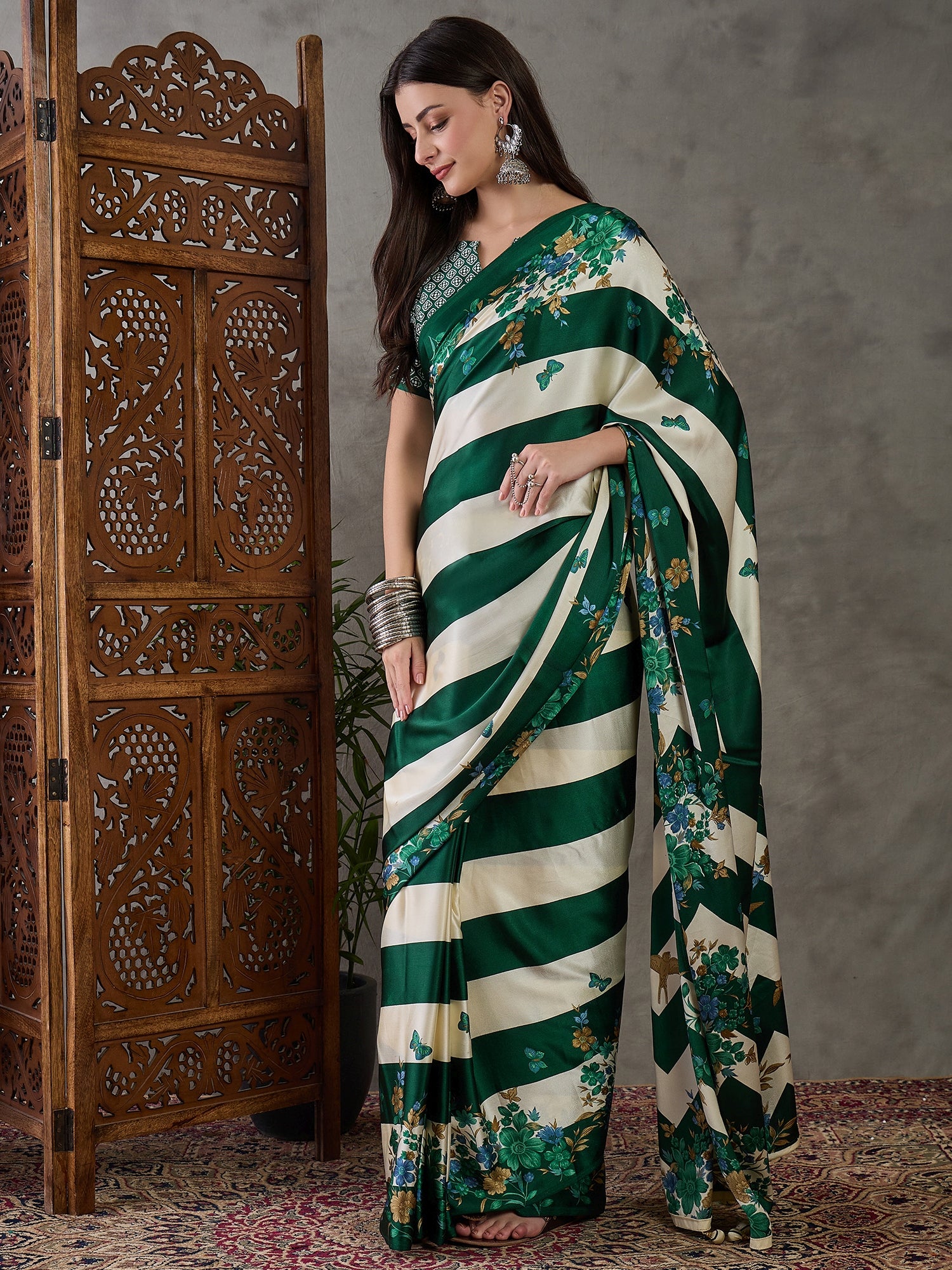 Green Pure Semi Modal Japan Silk Ajarkh Printed Saree