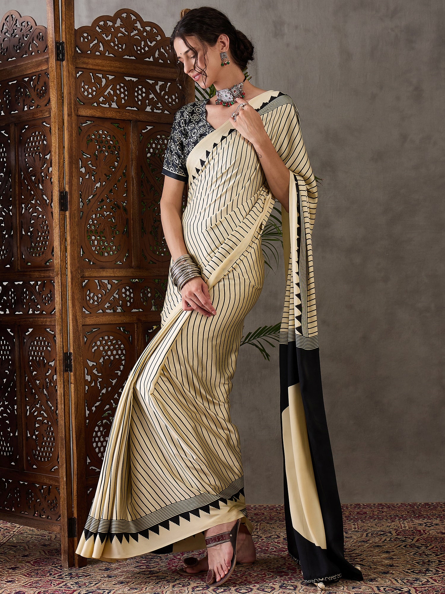 Cream Pure Semi Modal Silk Ajarkh Printed Saree