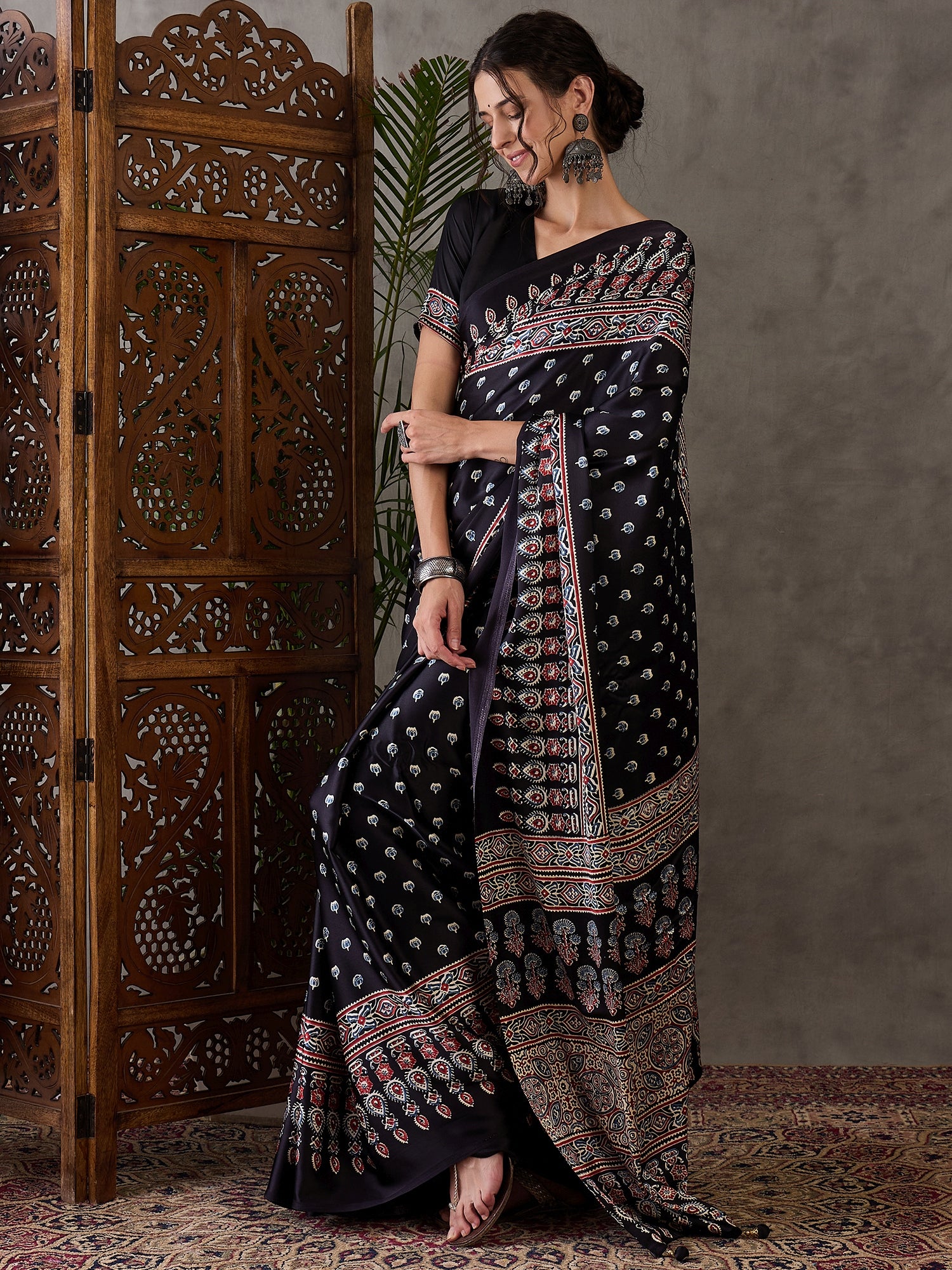 Black Pure Semi Modal Silk Floral Printed Saree