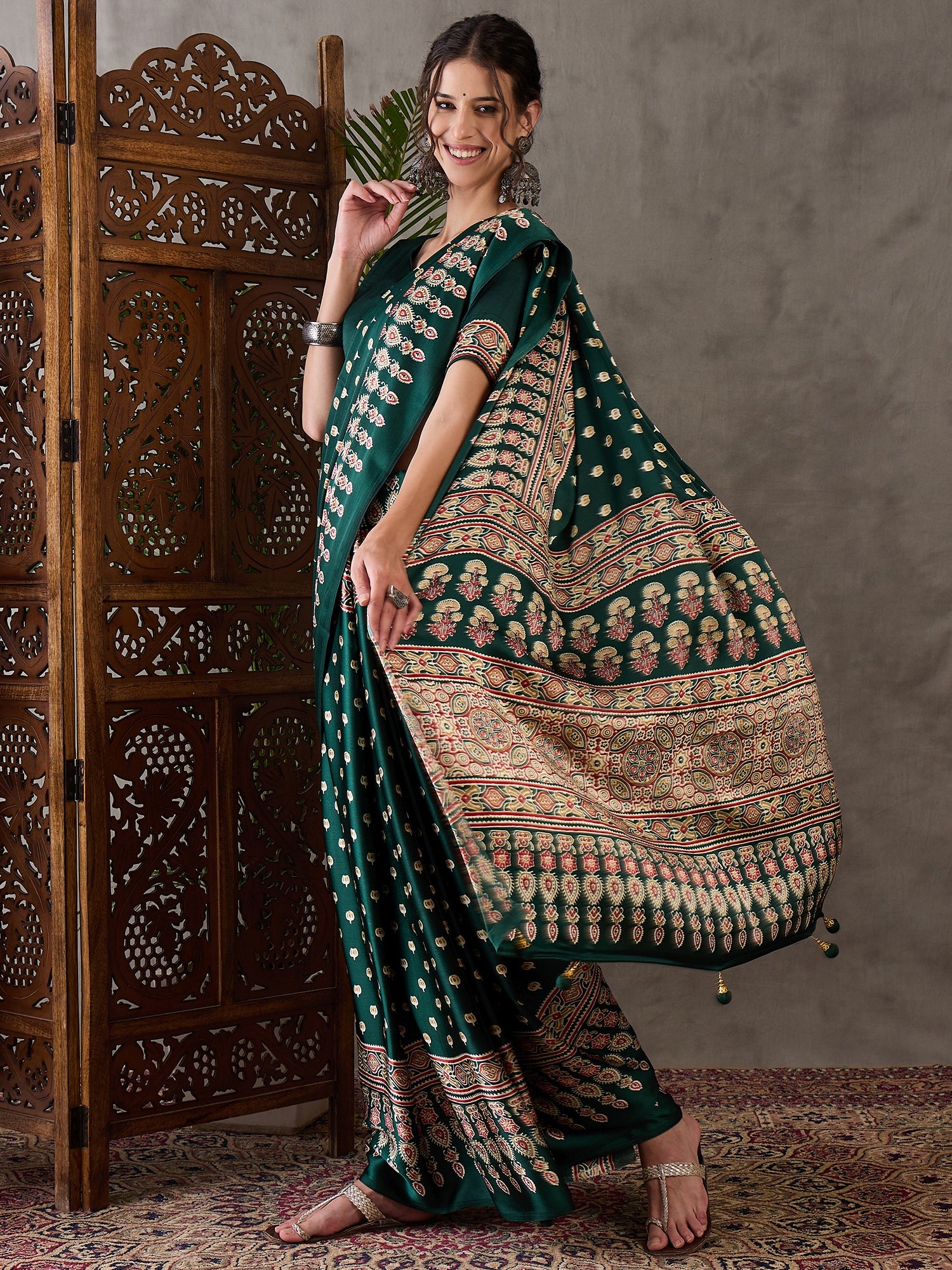 Green Pure Semi Modal Silk Floral Printed Saree