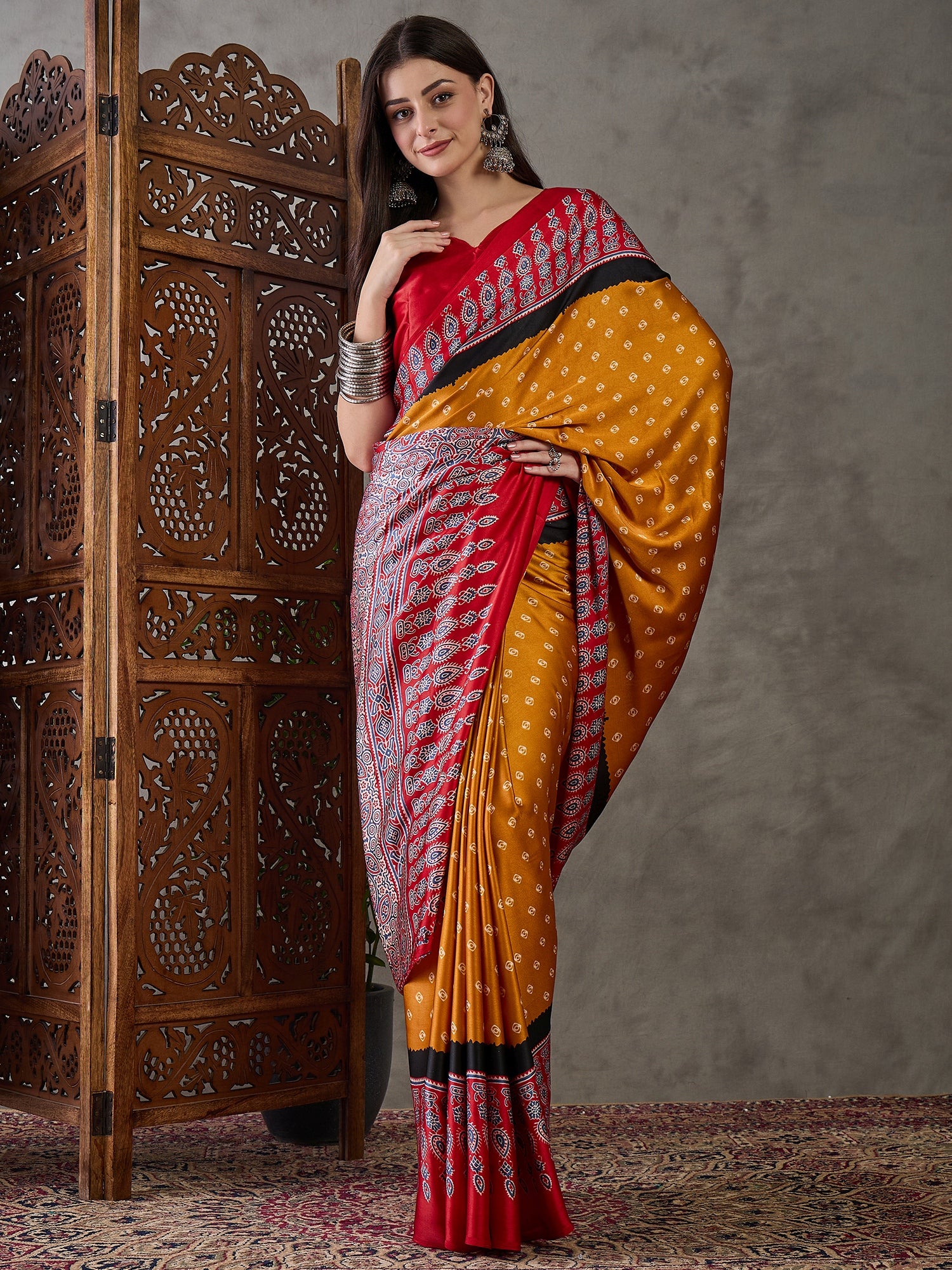 Mustard Pure Semi Modal Silk Ajarkh Printed Saree