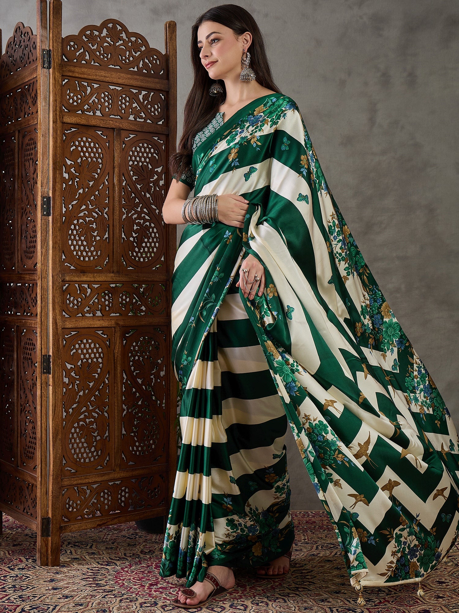 Green Pure Semi Modal Japan Silk Ajarkh Printed Saree