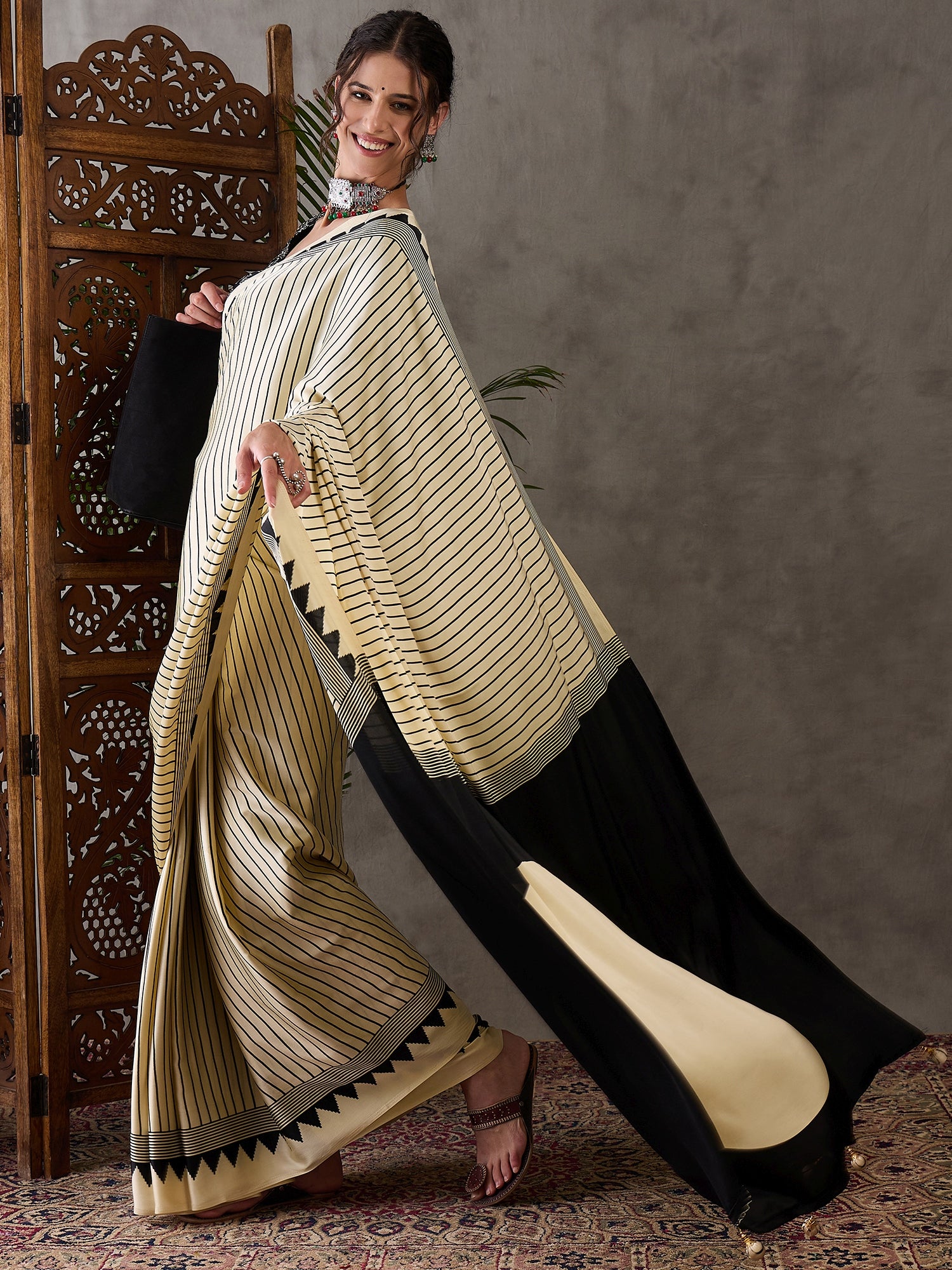 Cream Pure Semi Modal Silk Ajarkh Printed Saree
