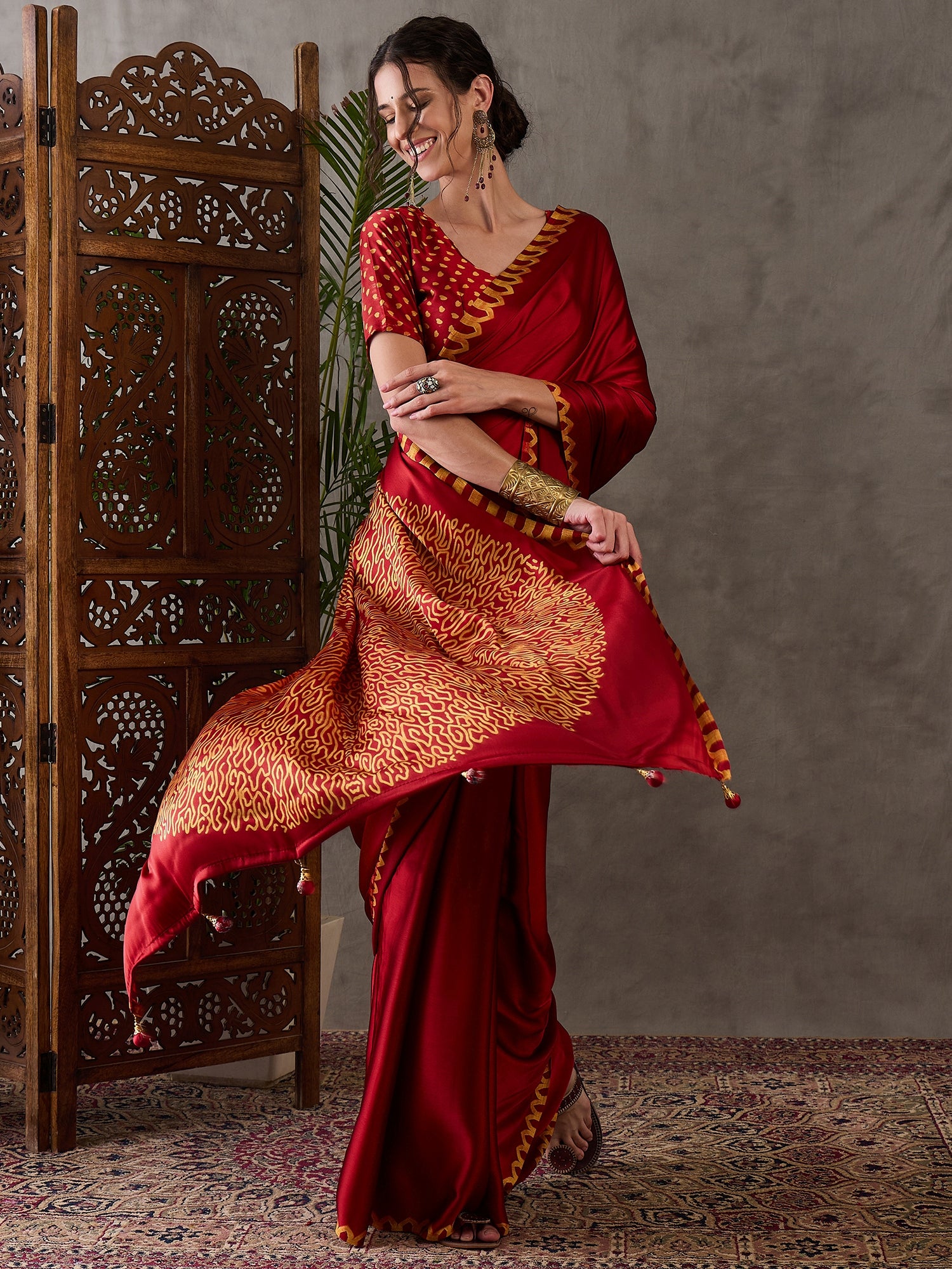 Red Pure Semi Modal Japan Silk Ajarkh Printed Saree