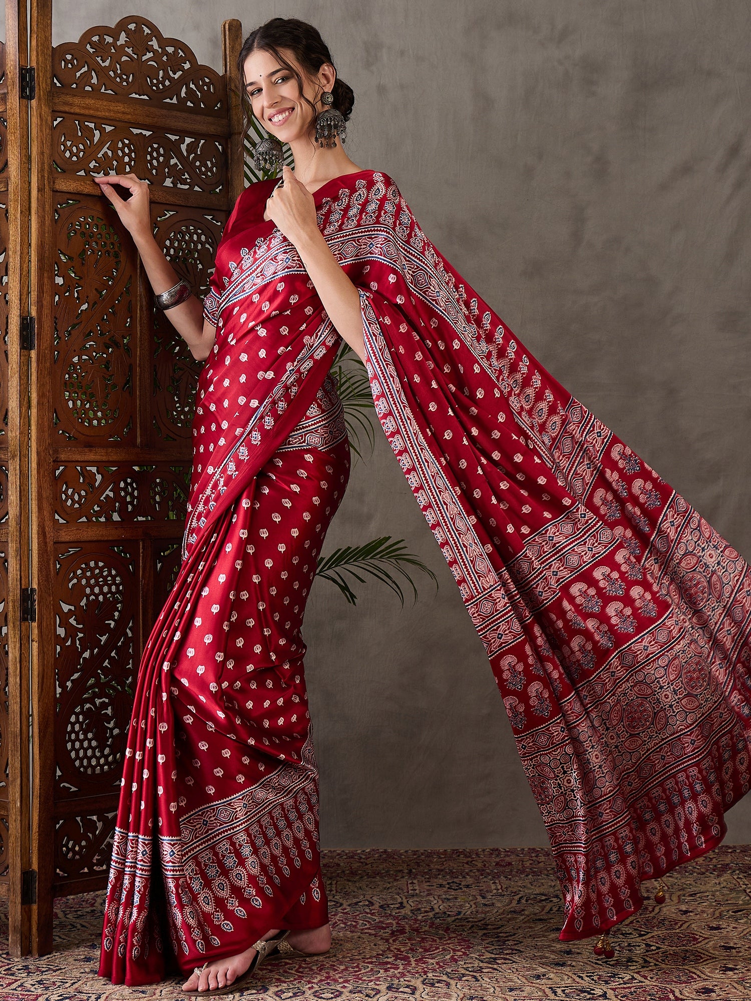 Red Pure Semi Modal Silk Floral Printed Saree
