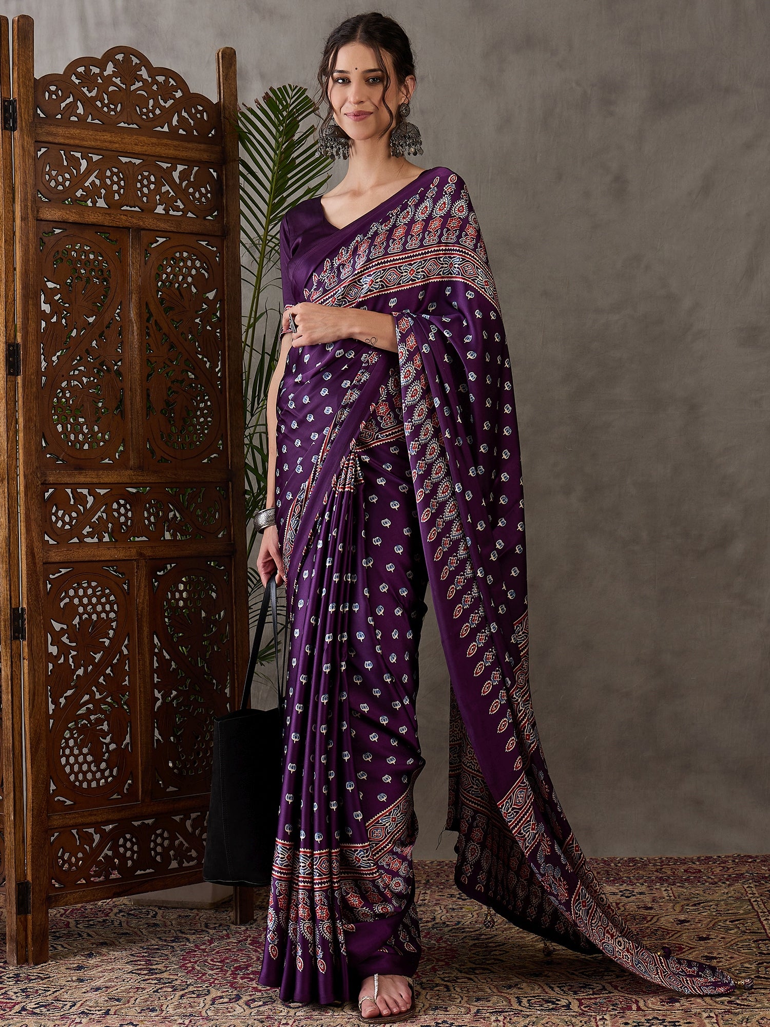 Purple Pure Semi Modal Silk Floral Printed Saree