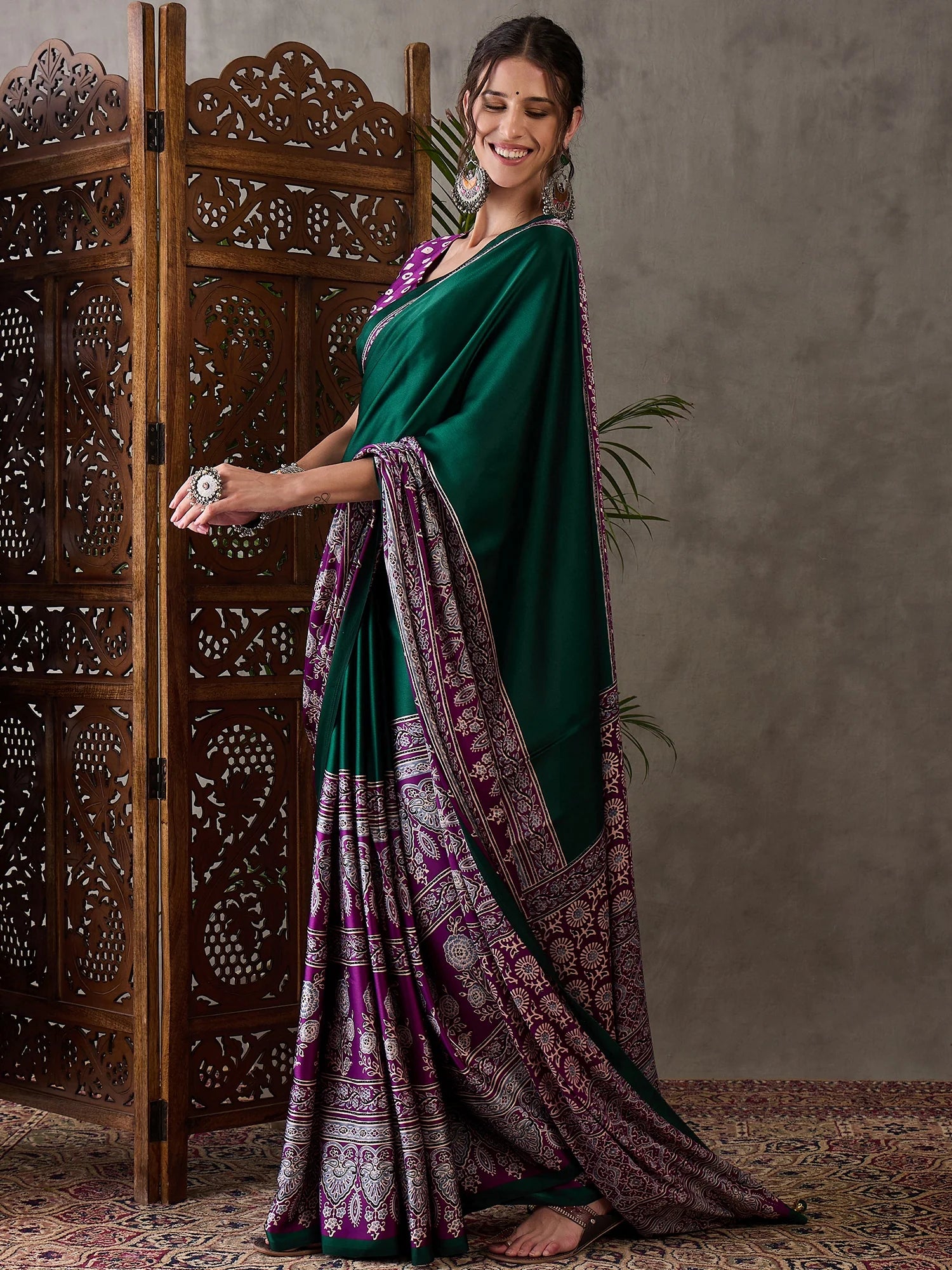 Emerald Green Semi Modal Traditional Printed Saree with Purple Border