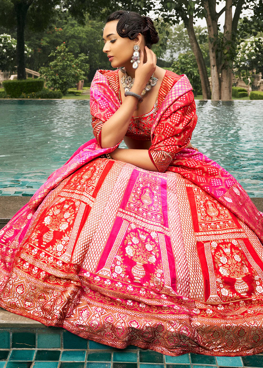 Hot Pink Banarasi Silk Lehenga Choli with Woven Dupatta