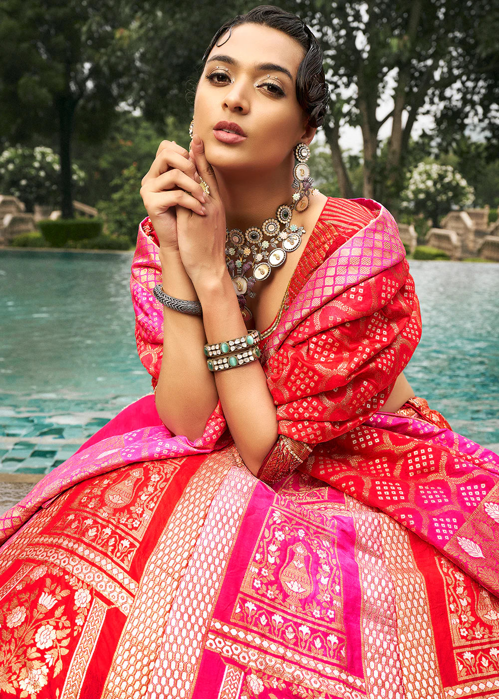 Hot Pink Banarasi Silk Lehenga Choli with Woven Dupatta
